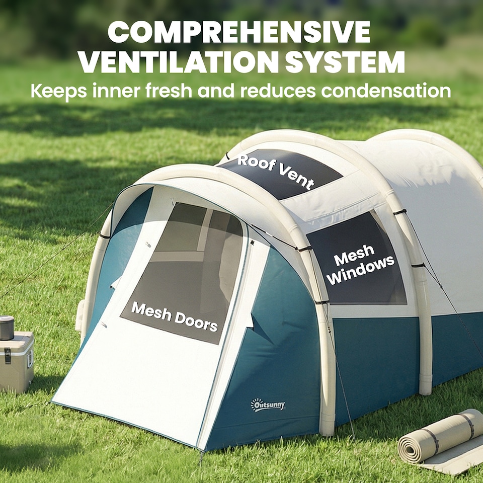 image 1 of Outsunny Inflatable Camping Tent w/ Air Pump, 2-3 Person Blow Up Tent | Green | Green and White | 480 x 280 x 195 cm