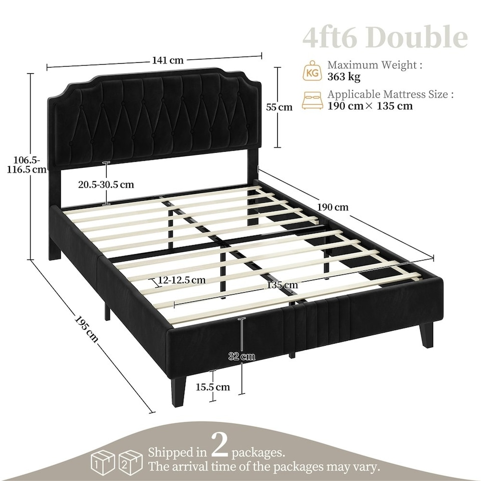 image 1 of Yaheetech 135 cm W x 190 cm L Upholstered Bed Frame with Button-Tufted Headboard Black