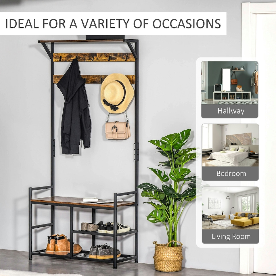 image 1 of HOMCOM Coat Rack Stand Shoe Storage Bench for Bedroom Living Room Entryway