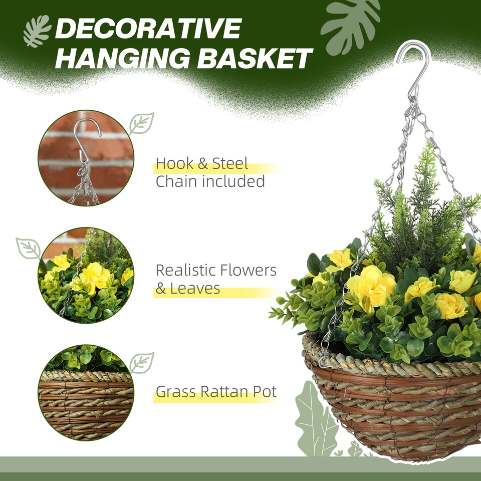 image 1 of Outsunny Pack of 2 FauPlant Artificial Lisianthus Flowers Hanging Planter with Basket for Indoor Decoration, Yellow