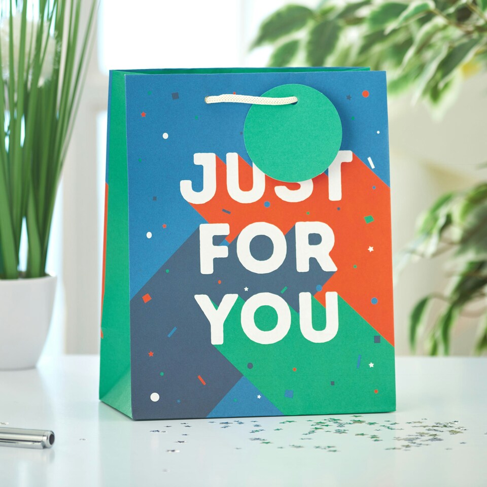 image 1 of Multipack of 3 Medium Gift Bags | Party Bags for Presents | Birthdays/Thank You | For Him/Friend | Just For You Blue Design Blue