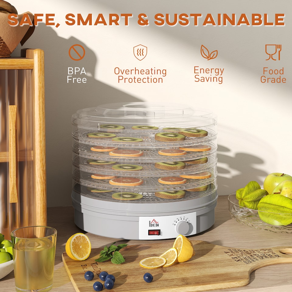 image 1 of HOMCOM 5 Tier Food Dehydrator, 245W Food Dryer Machine with Adjustable Temperature Control for Drying Fruit, Meat, Vegetable, Jerky and Pet Treat, Grey