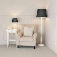 ValueLights Victoria White Wood Traditional Stem Floor Lamp with Black Fabric Tapered Shade and LED Bulb