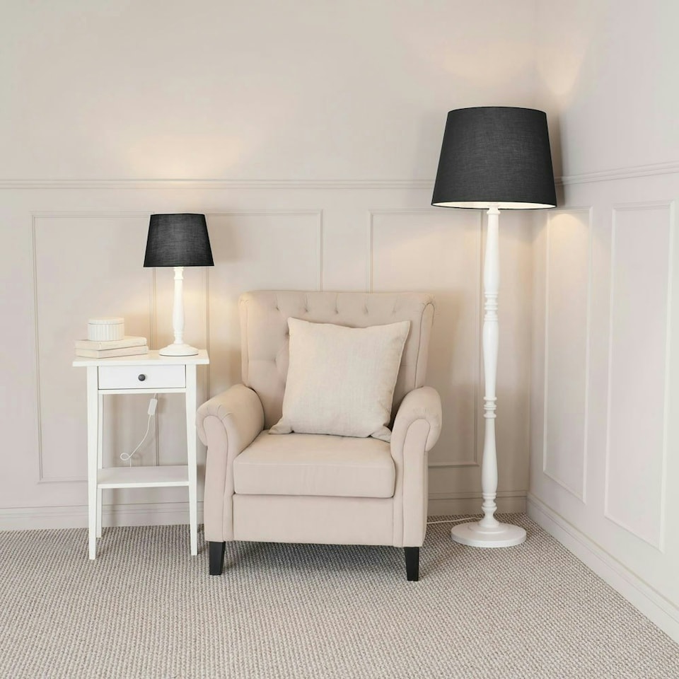 image 1 of ValueLights Victoria White Wood Traditional Stem Floor Lamp with Black Fabric Tapered Shade and LED Bulb