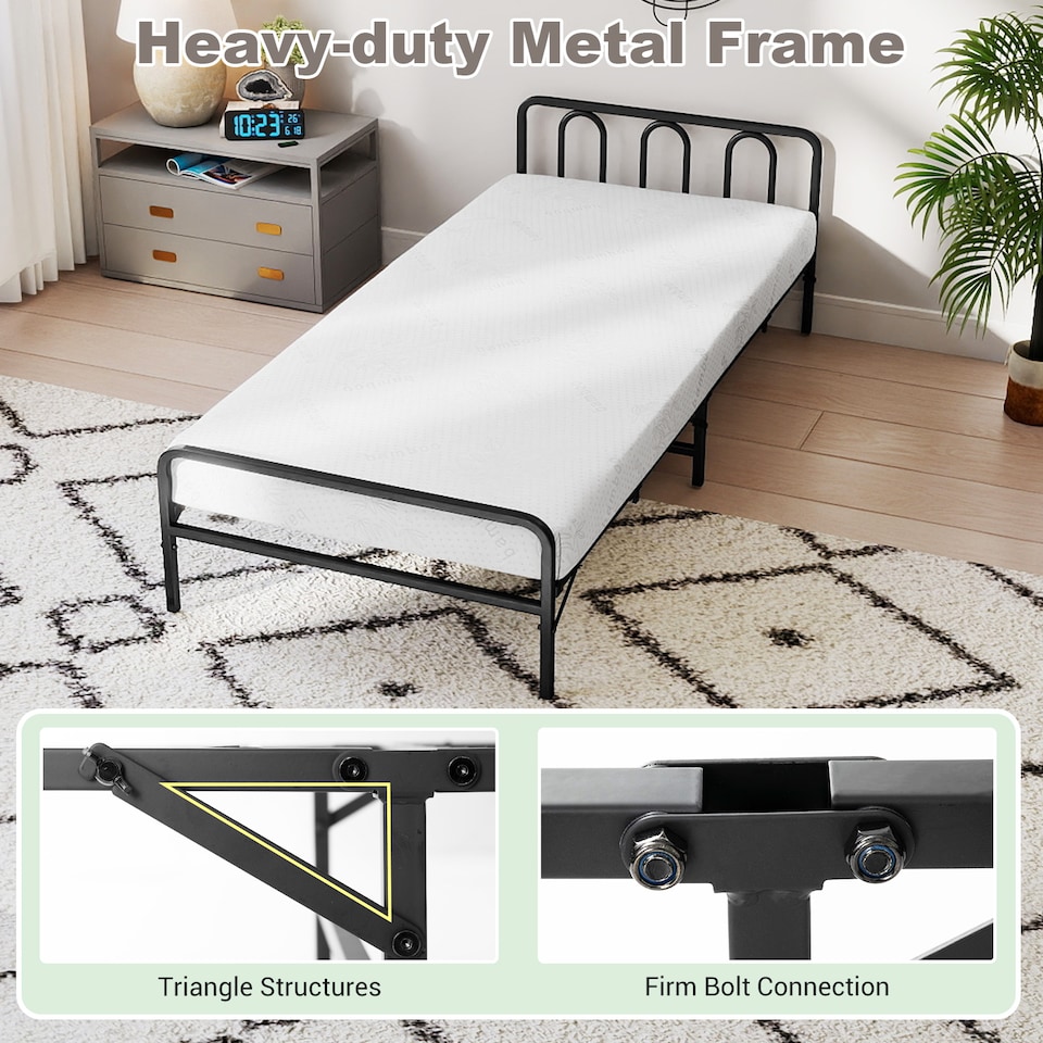 image 1 of COSTWAY Foldable Bed Frame Portable Folding Bed with Headboard   Footboard Black