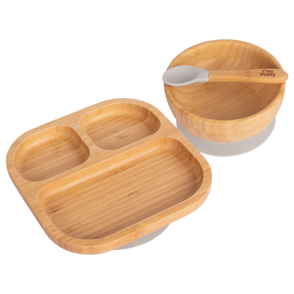 image 1 of Tiny Dining 3pc Bamboo Suction Feeding Set - Segmented/Grey - Divided Non-Slip Bamboo Baby Self-Feeding Dining Weaning Set