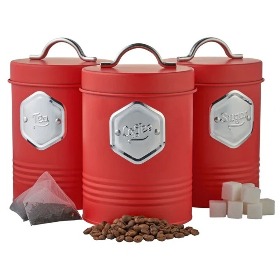 image 1 of Cooks Professional 3-Piece Kitchen Storage Set | Tea Coffee Sugar Cannisters | Red & Silver
