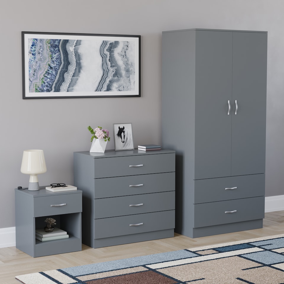 image 1 of Vida Designs Riano 3 Piece Bedroom Set (1 Drawer Bedside Chest, 4 Drawer Chest, 2 Door 2 Drawer Wardrobe), Grey (4)