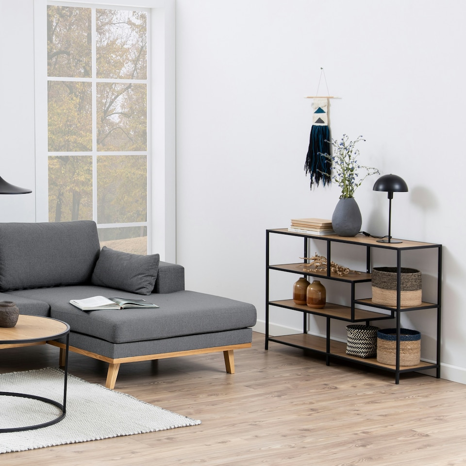 image 1 of Seaford Wide Black Metal Bookcase with 4 Oak Shelves