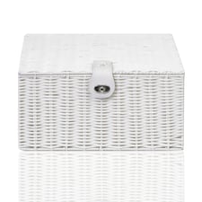 Resin Woven Storage Basket with Lid & Strap Lock – White Hand Woven Storage Box on Metal Frame with Handles – Multipurpose Storage Basket for Bedroom, Bathroom, Nursery & Utility Room