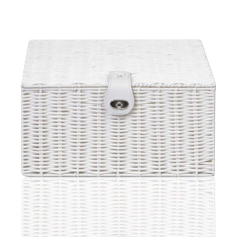 image 1 of Resin Woven Storage Basket with Lid & Strap Lock – White Hand Woven Storage Box on Metal Frame with Handles – Multipurpose Storage Basket for Bedroom, Bathroom, Nursery & Utility Room