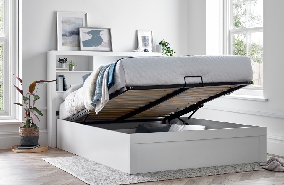 image 1 of 4ft6 Double White Wood Wooden Lift Up Ottoman Storage Bed Frame Bedstead
