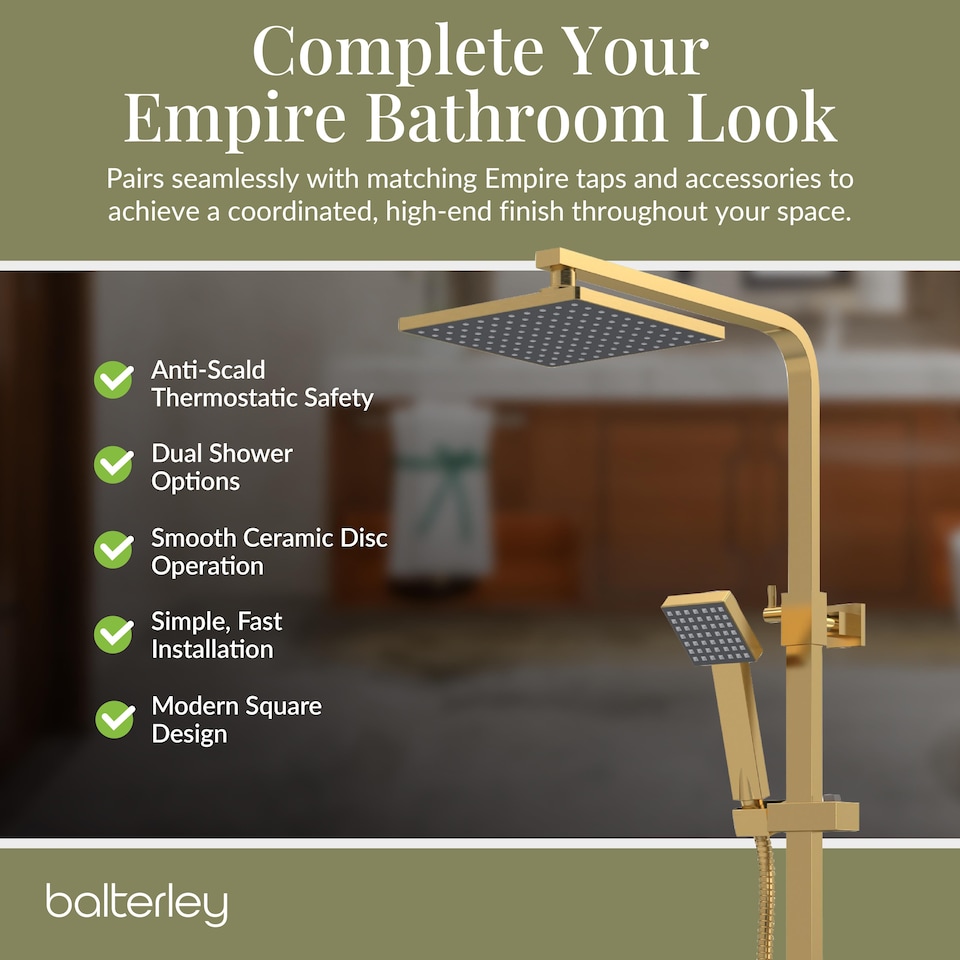 image 1 of Balterley Empire Square Thermostatic Shower Kit with Fixed Head and Adjustable Handset | Copper | Brushed Brass | 1