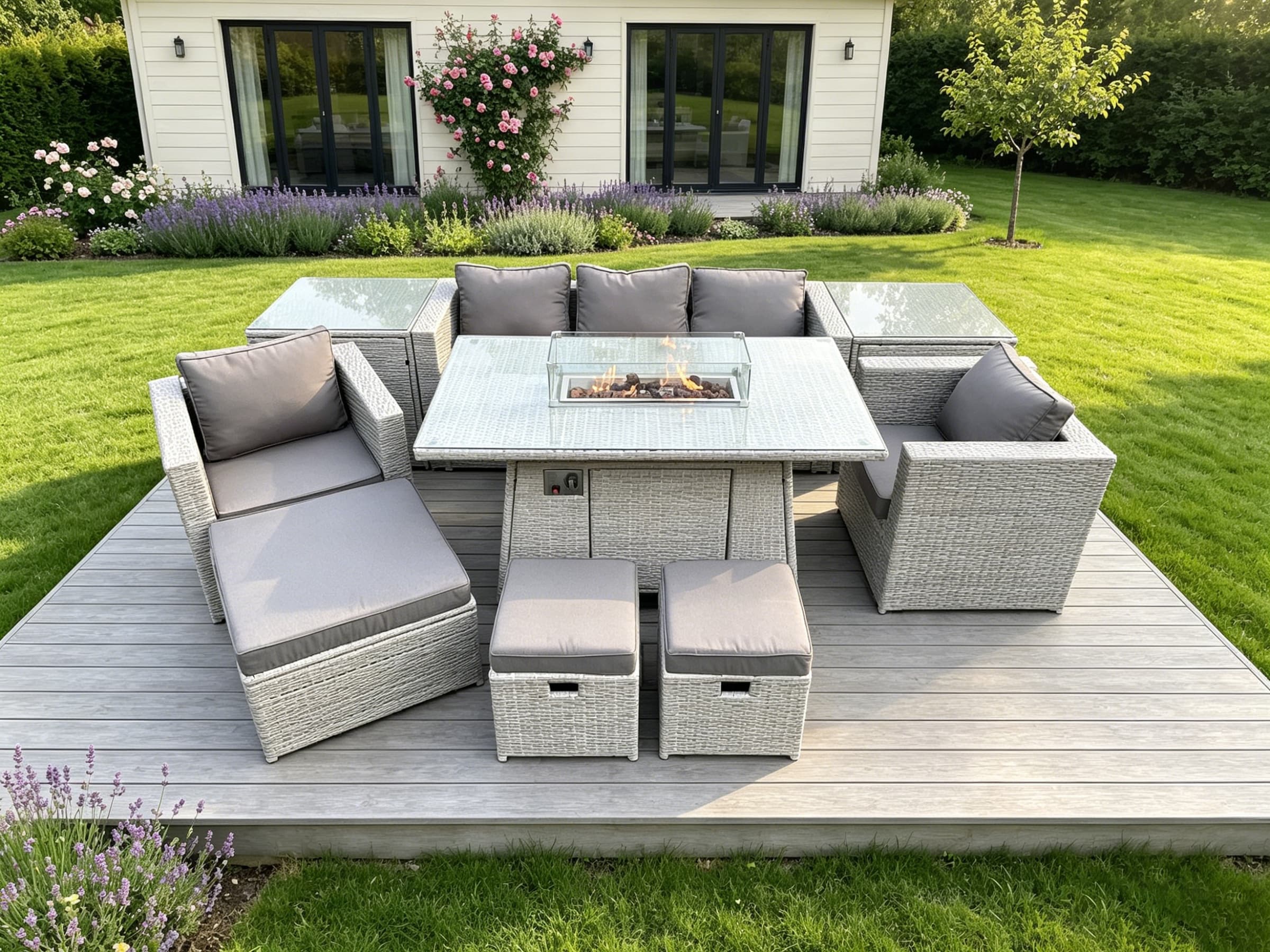 Fimous Outdoor Garden Dining Sets Rattan Furniture Gas Fire Pit Dining Table With 2 Armchairs 2 Side Tables 3 Footstools Light Grey