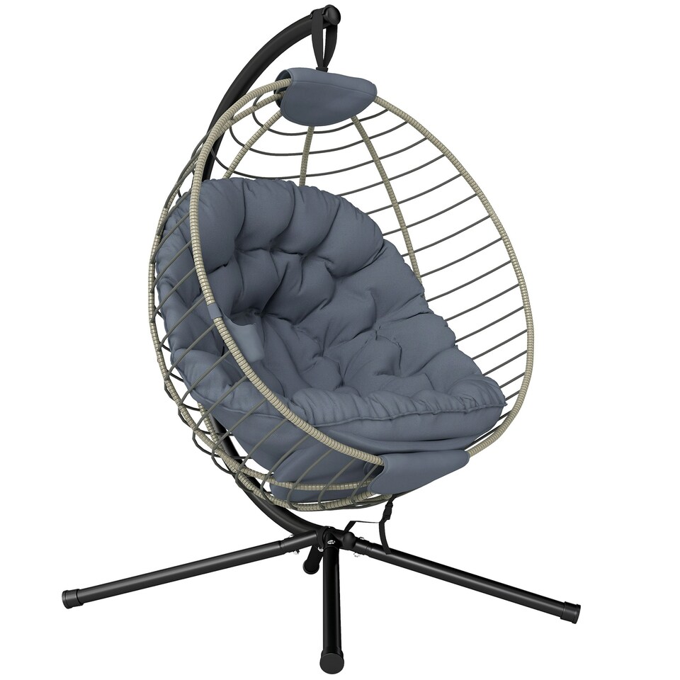 image 1 of Outsunny PE Rattan Hanging Swing Chair w/ Stand & Cup Holder, Grey | Grey | One Size
