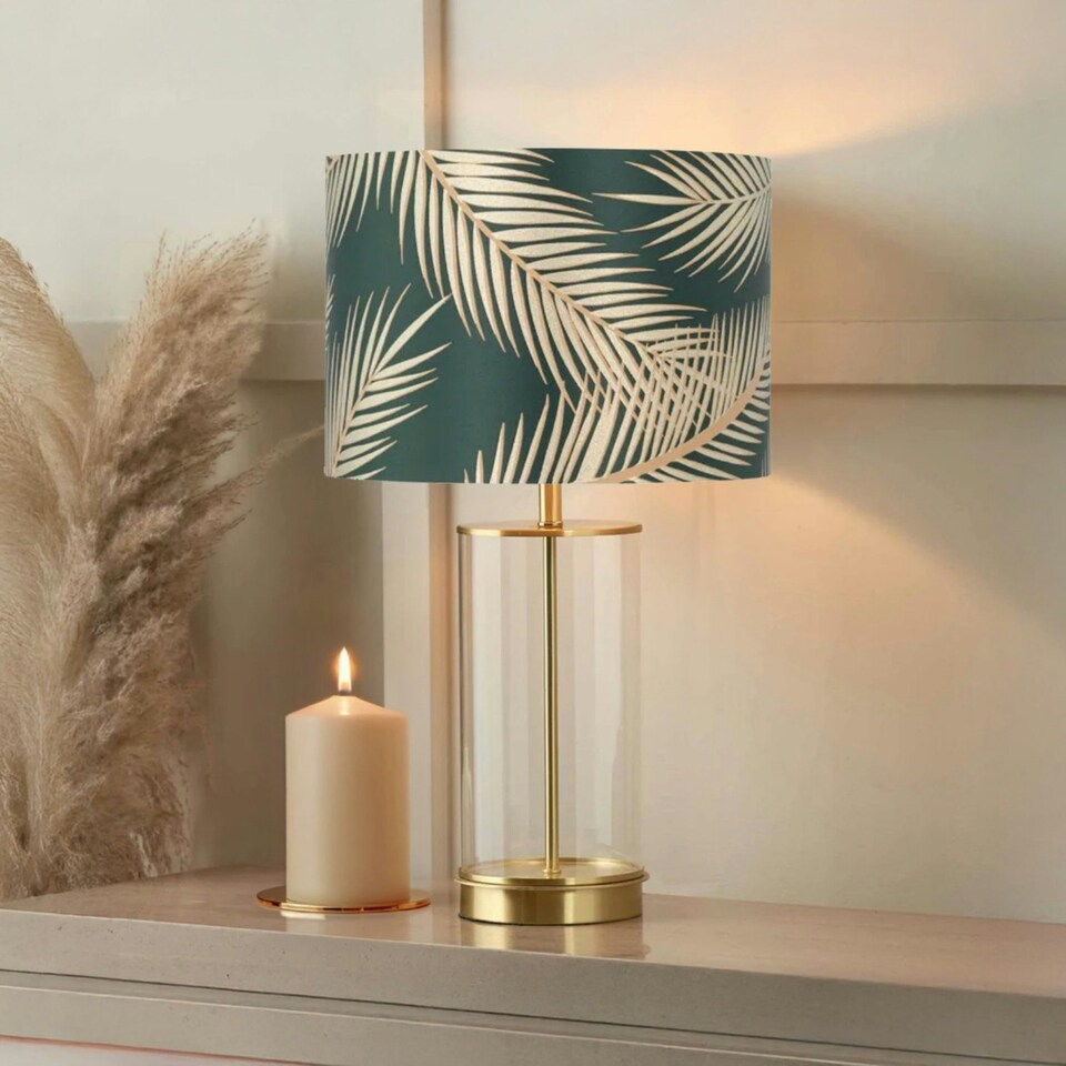 image 1 of First Choice Lighting Tropica Dark Green with Gold Embossed Leaf Detail 25cm Ceiling Pendant or Table Lamp Shade Green
