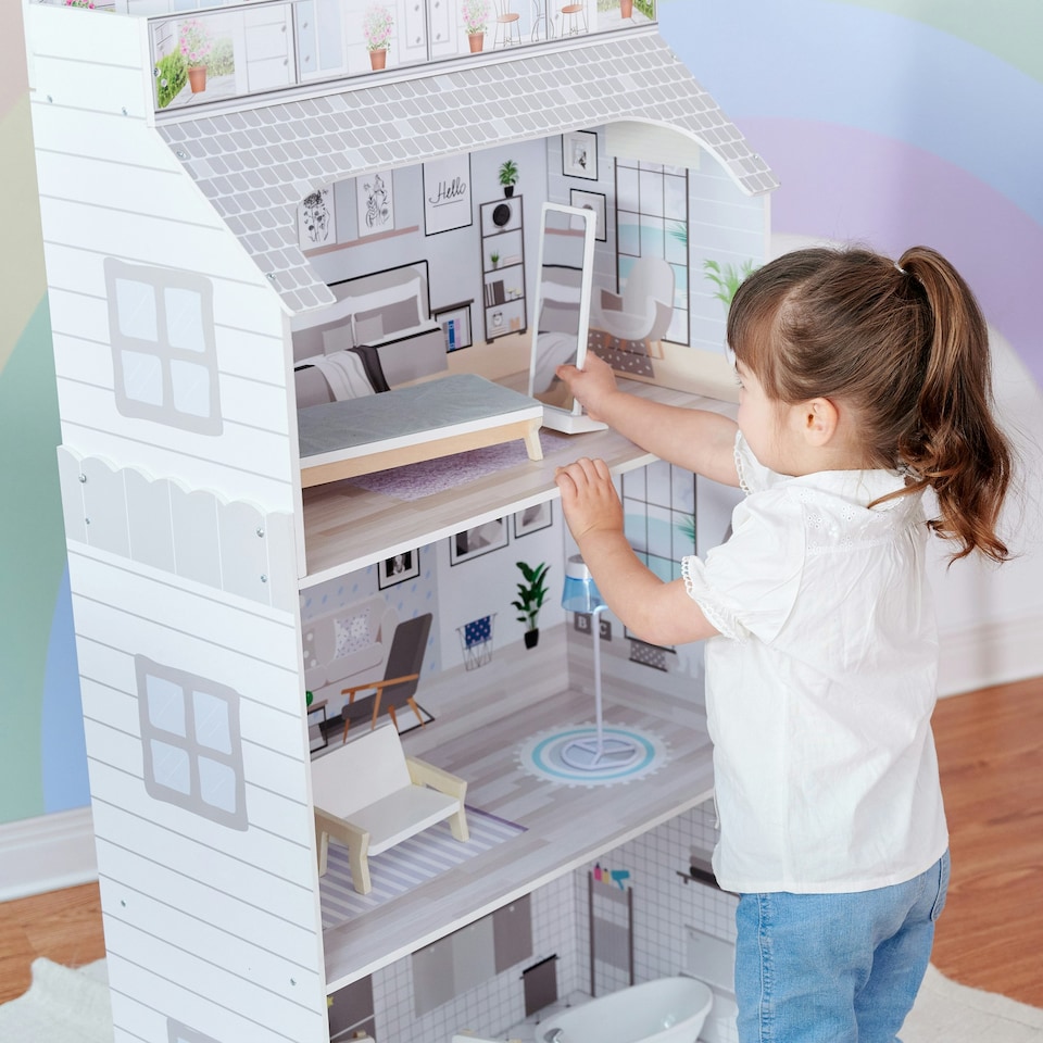 image 1 of Teamson Kids 12in 3 Floor Deluxe Dollhouse with Matching Accessories, Grey