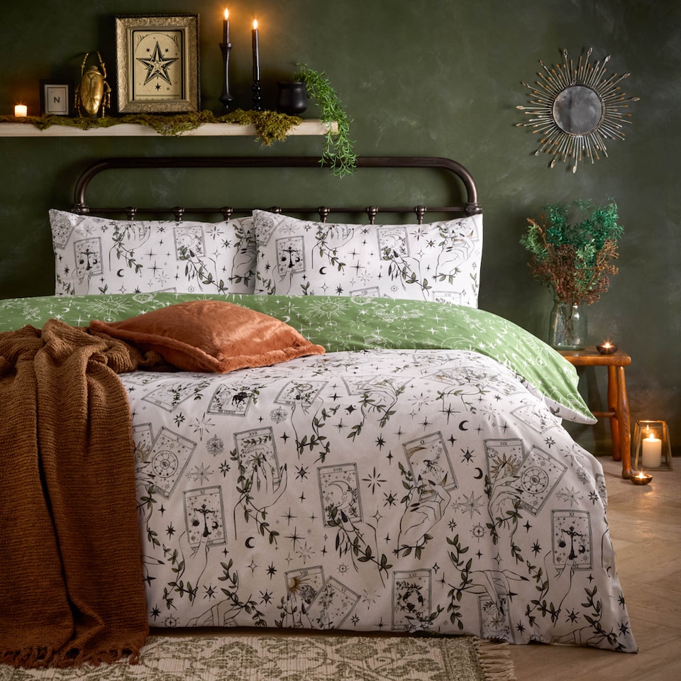 image 1 of Furn Celestial Stories Printed Reversible Duvet Cover Set | Green | Green | Super King