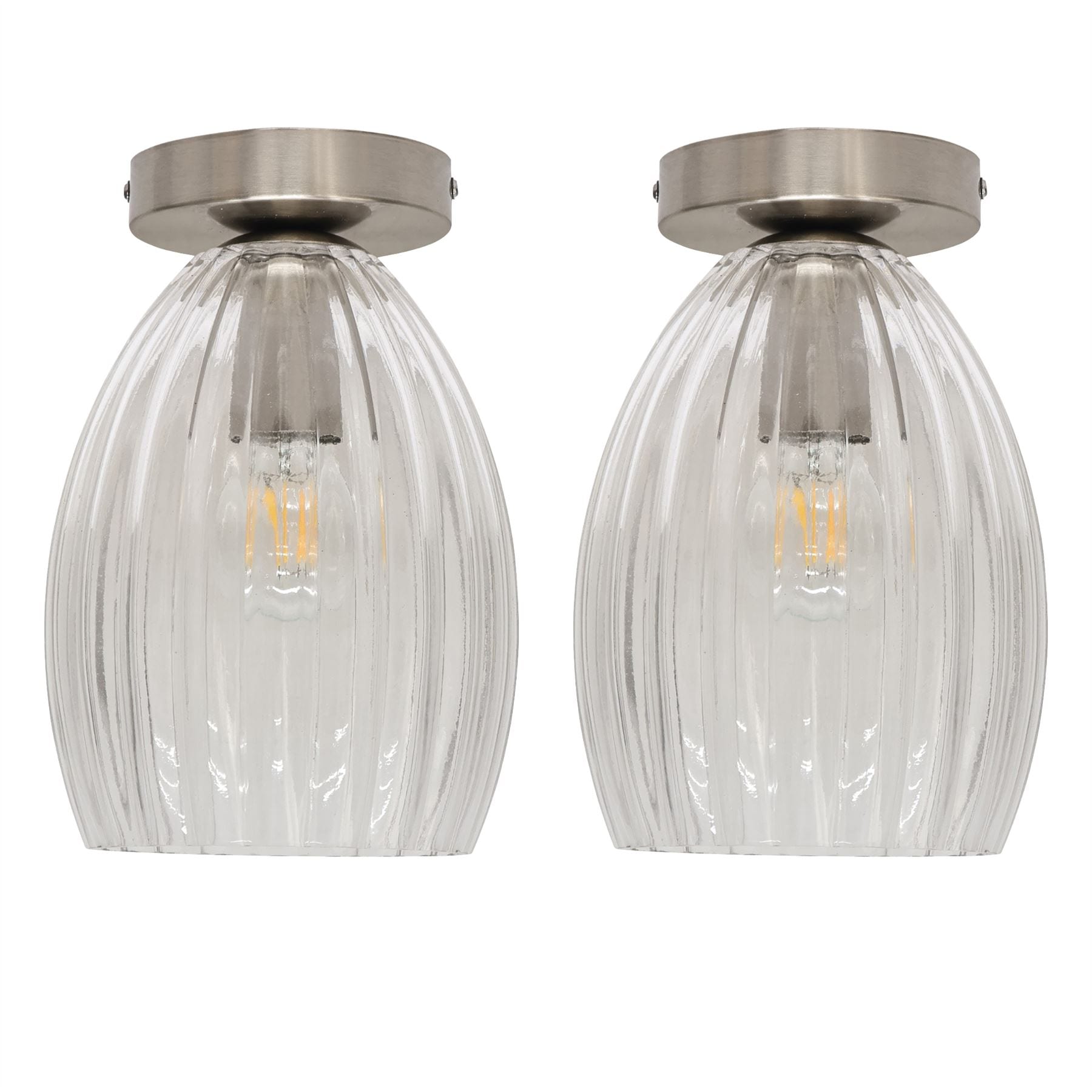 First Choice Lighting Set of 2 Birch - Fluted Glass Satin Nickel Ceiling Light Fittings in Clear