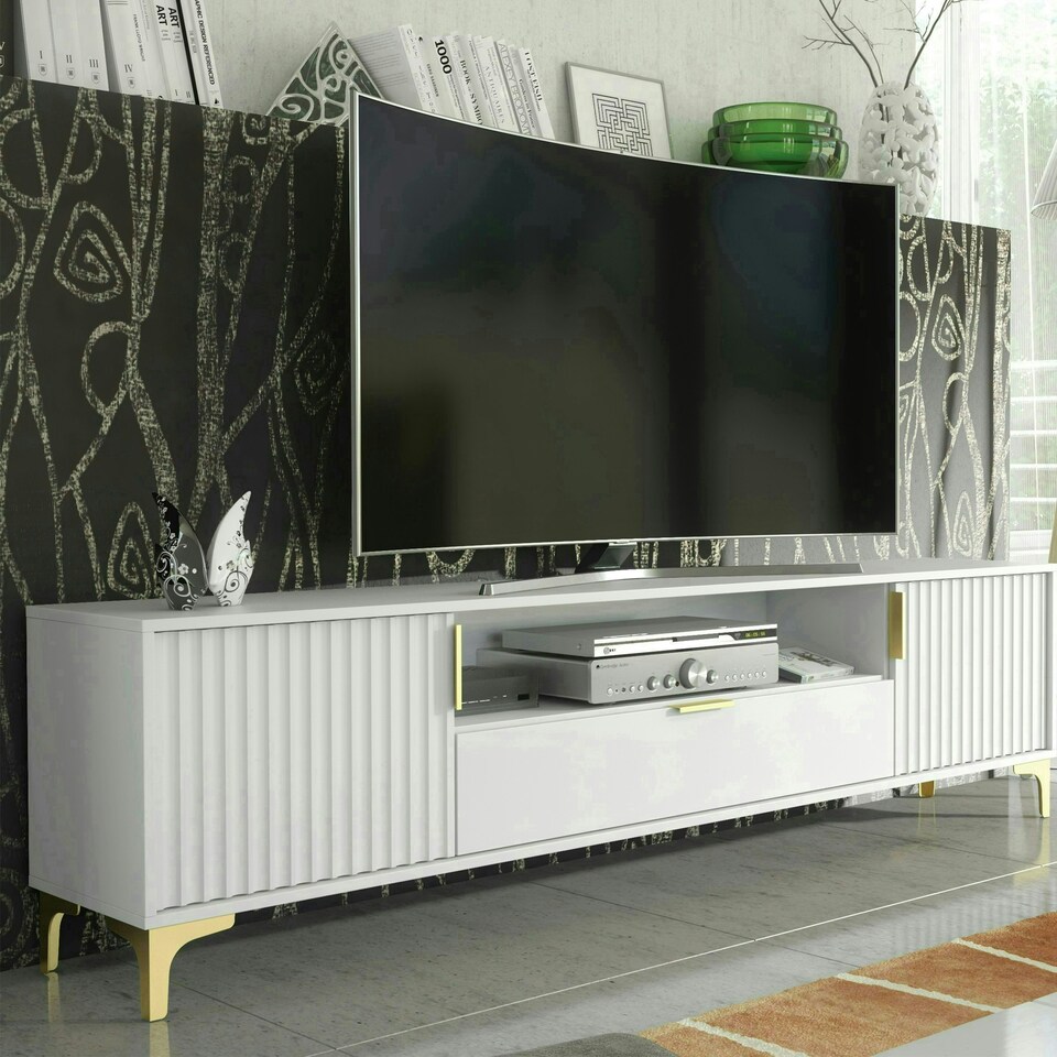 image 1 of TV Unit 200cm White with Fluted Doors, Gold Details and Drawer White