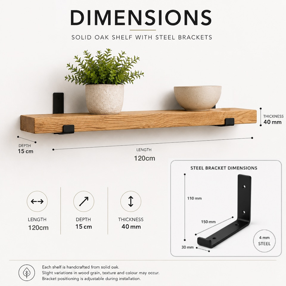 image 1 of MKGT 120cm Solid Oak Floating Shelf with Steel Brackets, Handmade Rustic Wall Shelf, 15cm Deep, 40mm Thick, Kitchen, Living Room