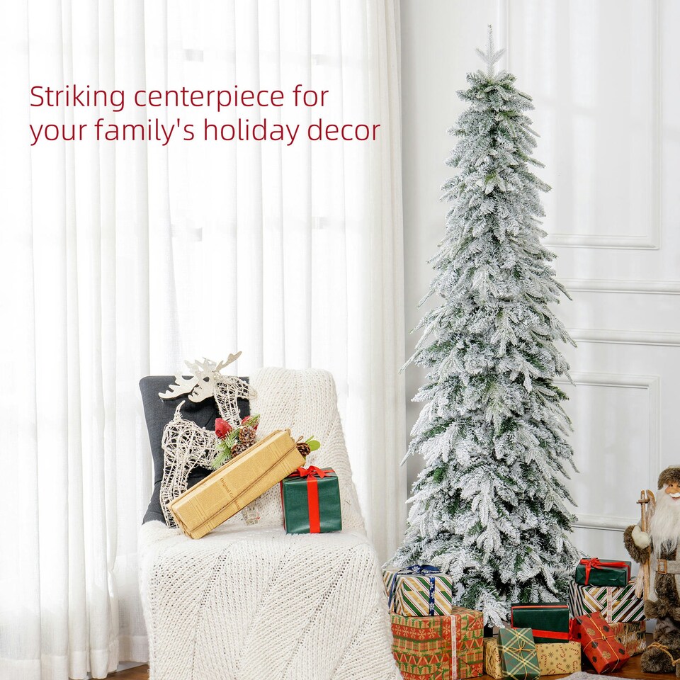 image 1 of HOMCOM 6ft Flocked Pencil Christmas Tree with Auto Open, Steel Base