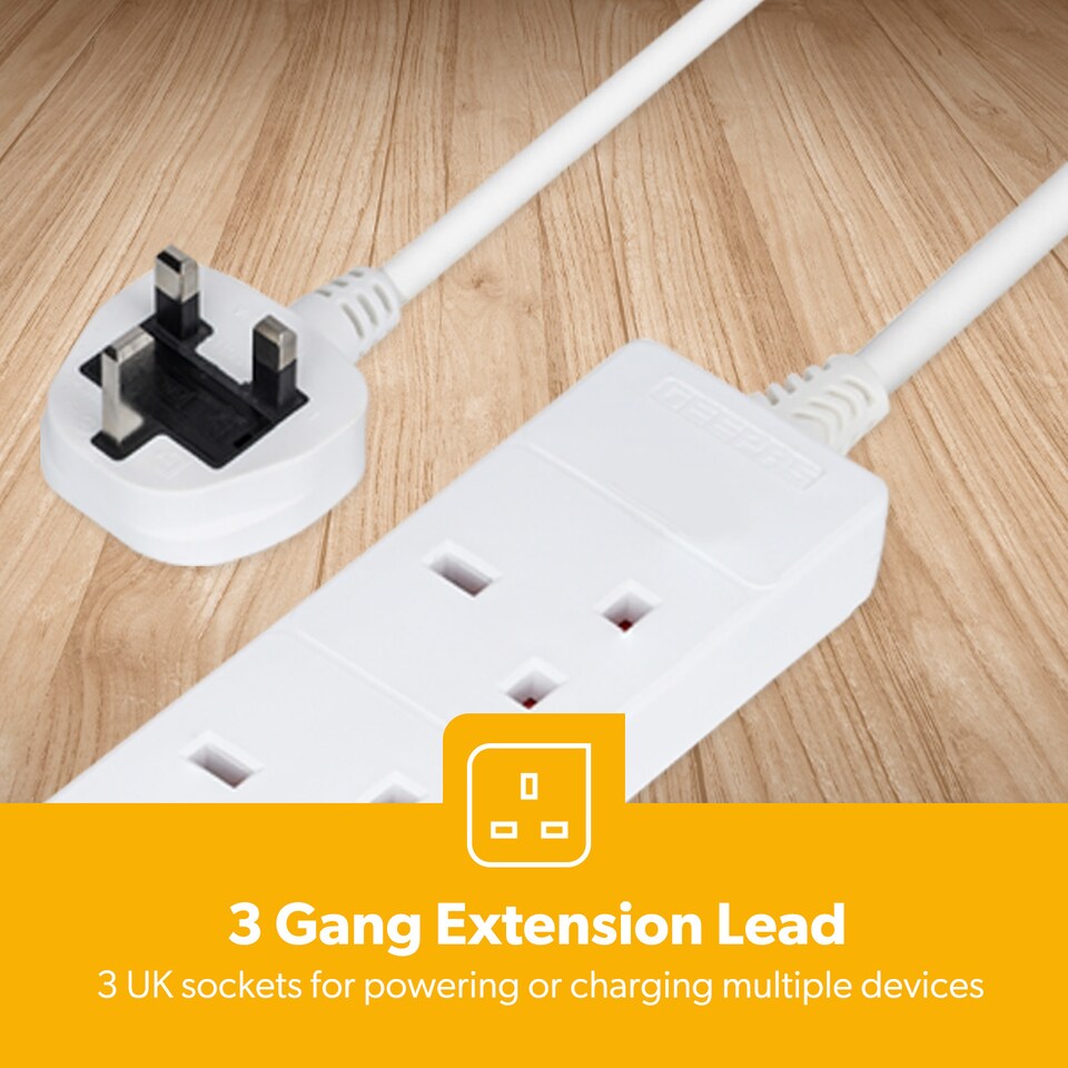 image 1 of GEEPAS 3 Gang Extension Lead, 2M Cable