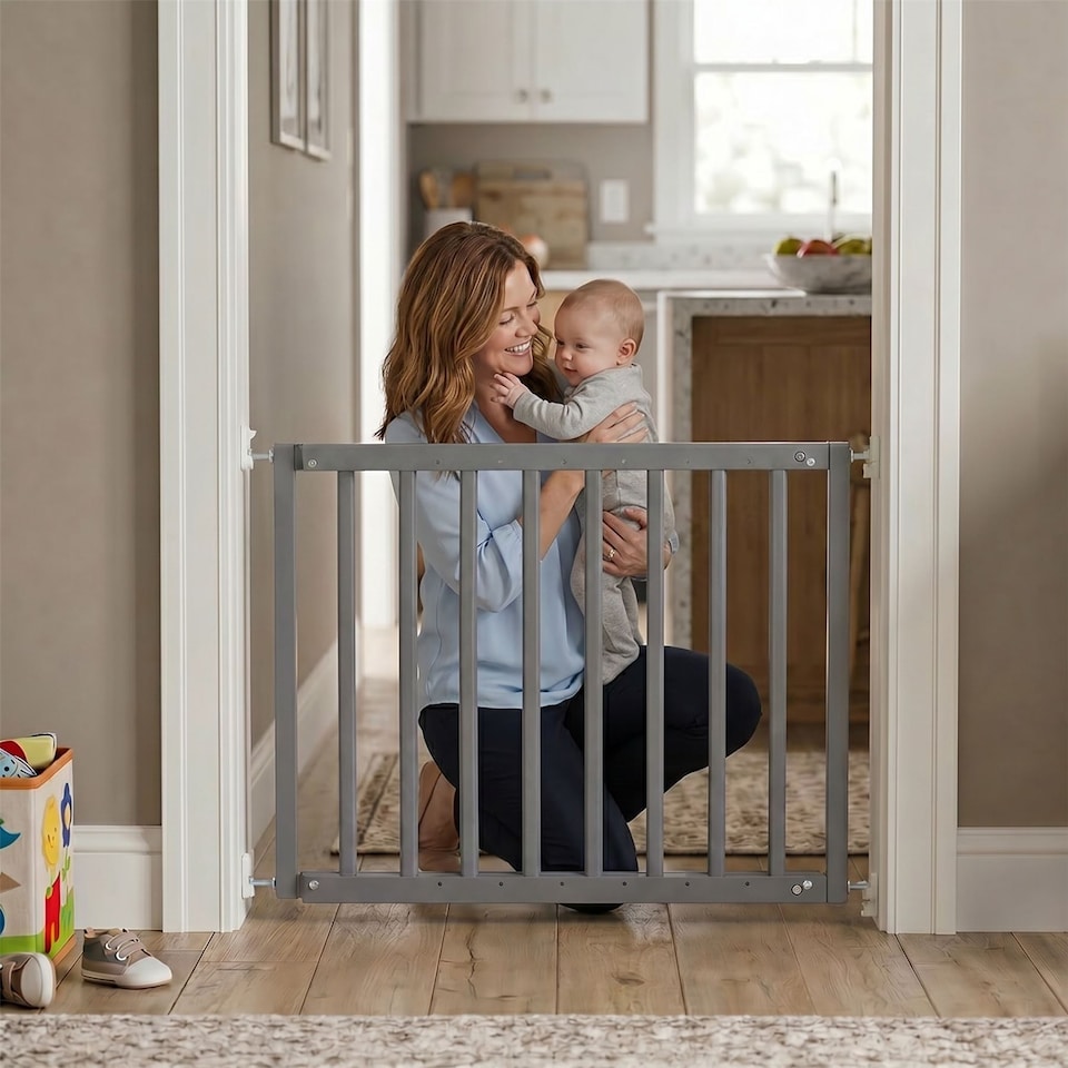 image 1 of Safetots Chunky Wooden Screw Fit Stair Gate, Grey, 63.5cm - 105.5cm, Wood Baby Gate, Screw Fit Safety Barrier