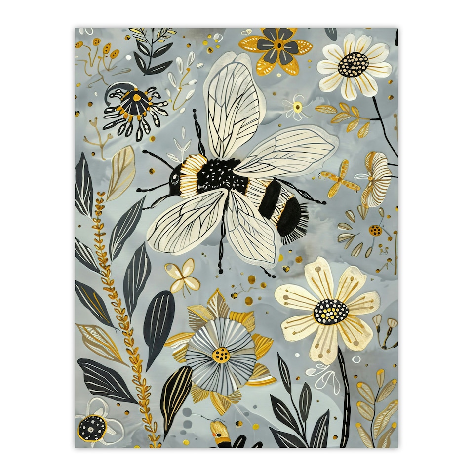 image 1 of Spring Flower Honey Bee Rustic Floral Black Framed Wall Art Print A4
