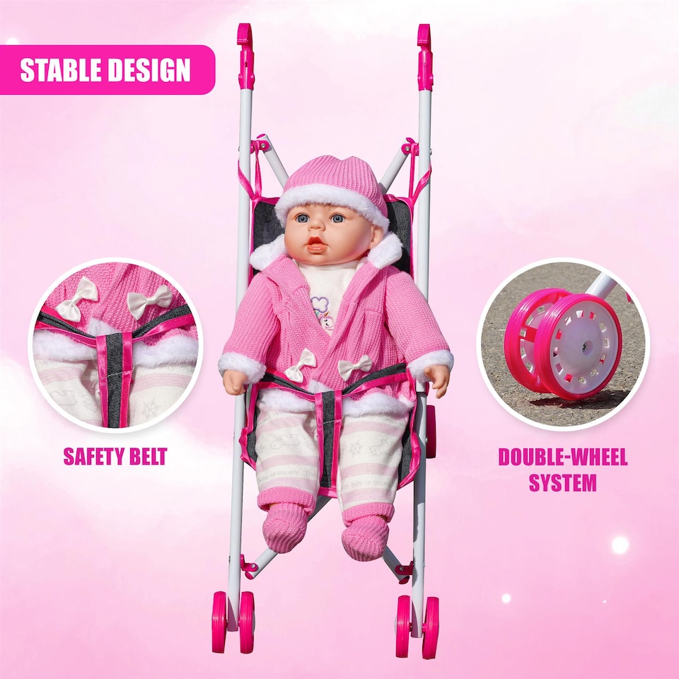 image 1 of BiBi Doll Pink & Black Foldable Dolls Buggy Stroller & Toy Pushchair for 20" Dolls