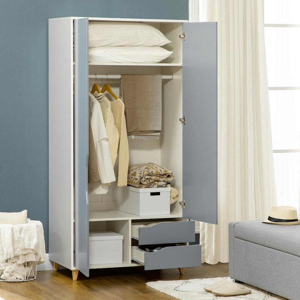 image 1 of HOMCOM 2 Door Wardrobe with Drawers, Hanging Rail, Shelves