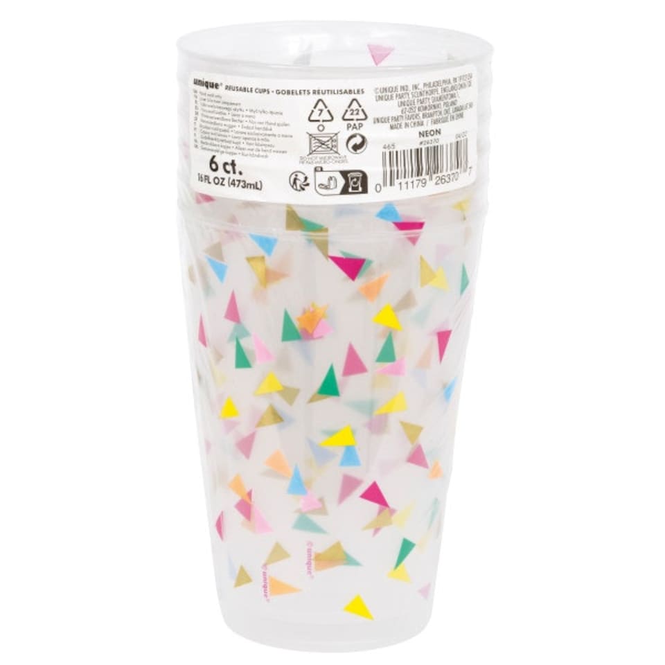 image 1 of Pack of 6 Bright Triangle Birthday 16oz Frosted Reusable Plastic Cups with Foil Stamping