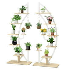 COSTWAY 2 Pcs Wooden 8-Tier Plant Stand Rack Half Moon Shelf White