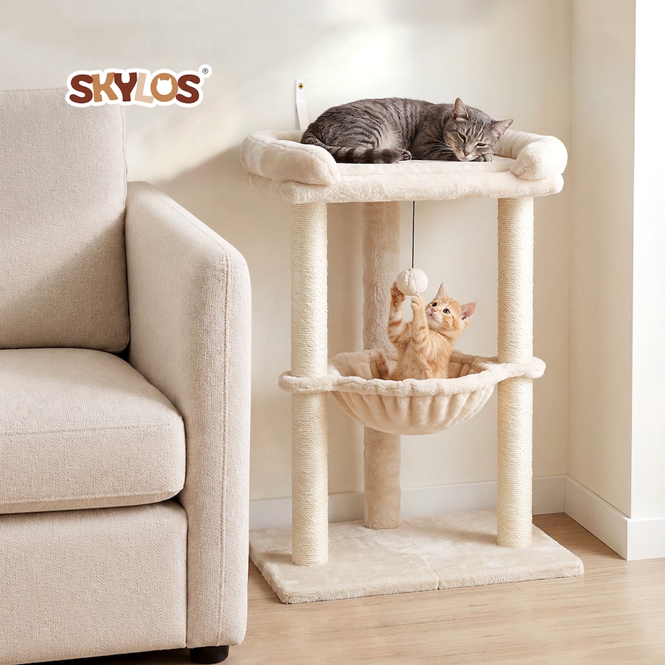 image 1 of Skylos Cat Tree Tower Bed with Hammock Ball Scratching Post Large Perch Beige