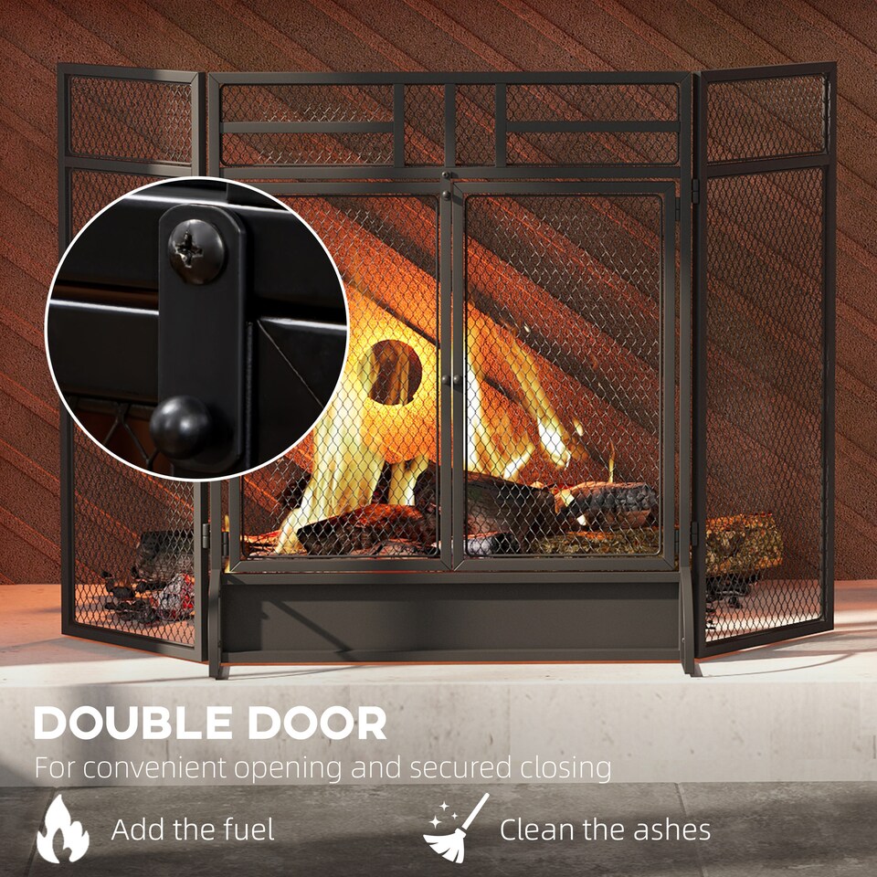 image 1 of HOMCOM 3-Panel Folding Fireplace Screen with Door, Freestanding Spark Guard, Metal Mesh Fireguard, Black