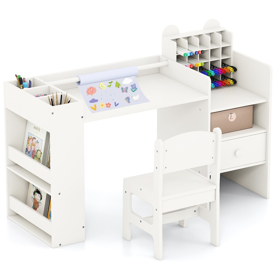 image 1 of COSTWAY Kids Art Table & Chair Set Toddler Desk White