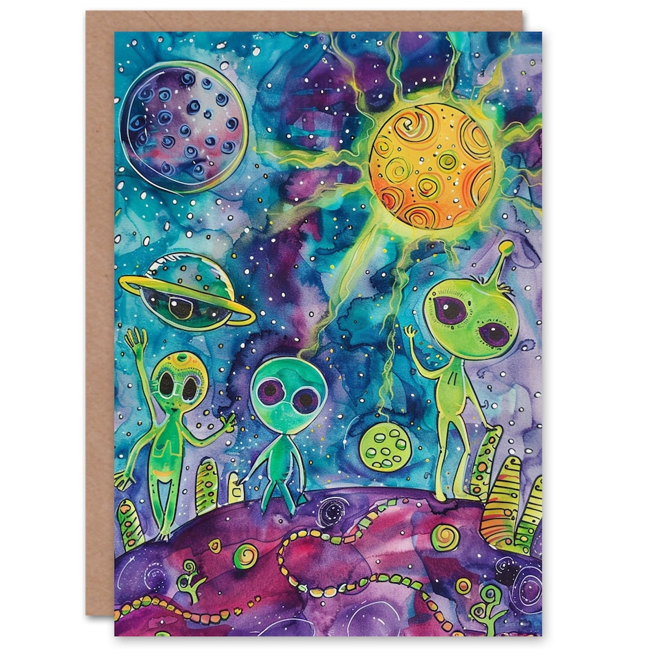 image 1 of Friendly Happy Space Aliens Planets Watercolour Birthday Card