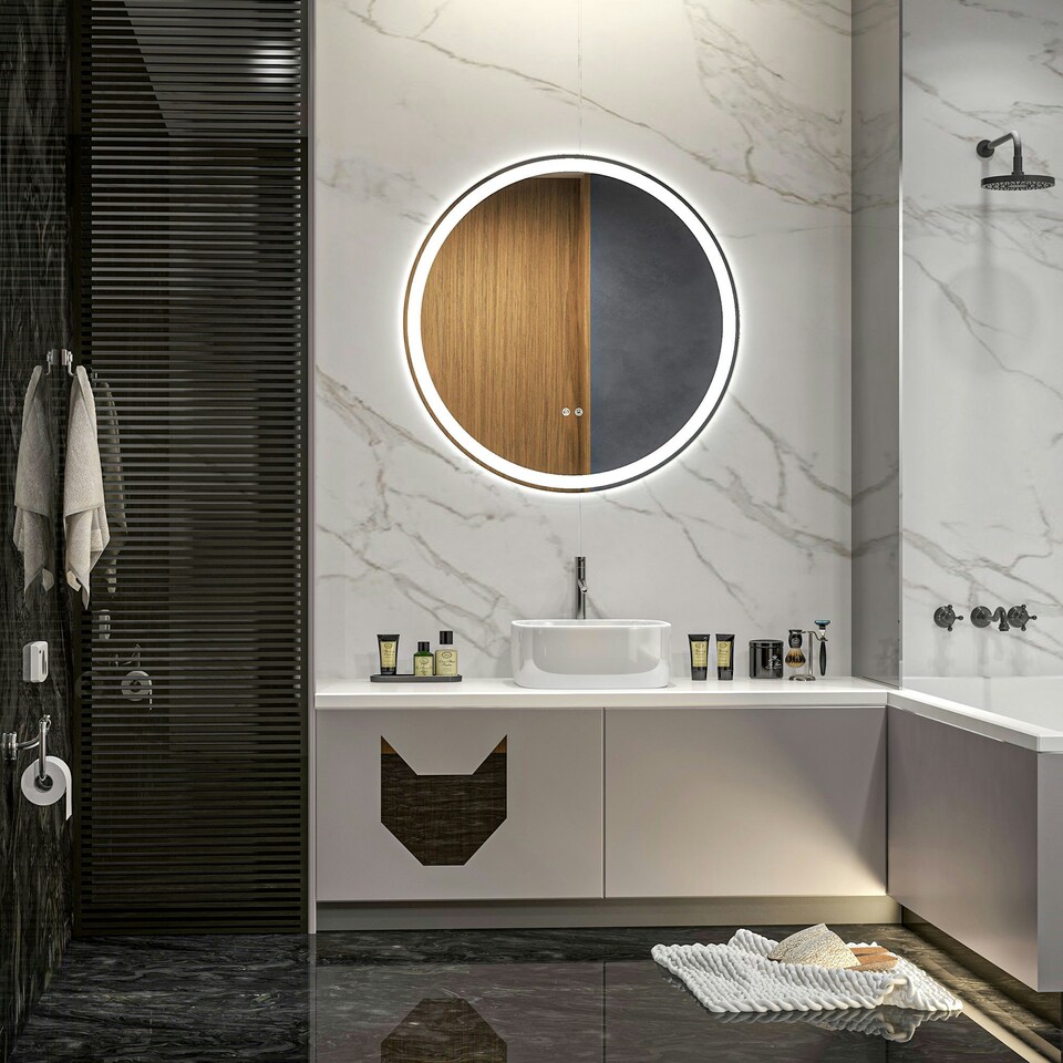 image 1 of kleankin Dimmable Bathroom Mirror with LED Lights, Defogging Film, Silver