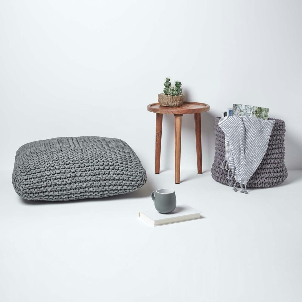 image 1 of Homescapes Grey Square Cotton Knitted Pouffe Floor Cushion