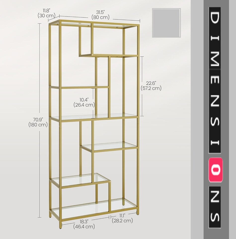 image 1 of 6-Tier Glass Bookshelf – Tall Display Bookcase & Plant Stand, Tempered Glass Shelves,