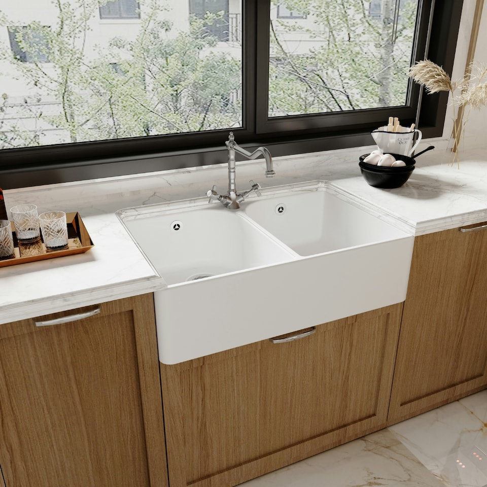 image 1 of 795mm - Double Bowl Fireclay Butler Kitchen Sink -  Tap Hole, Weir & Waste