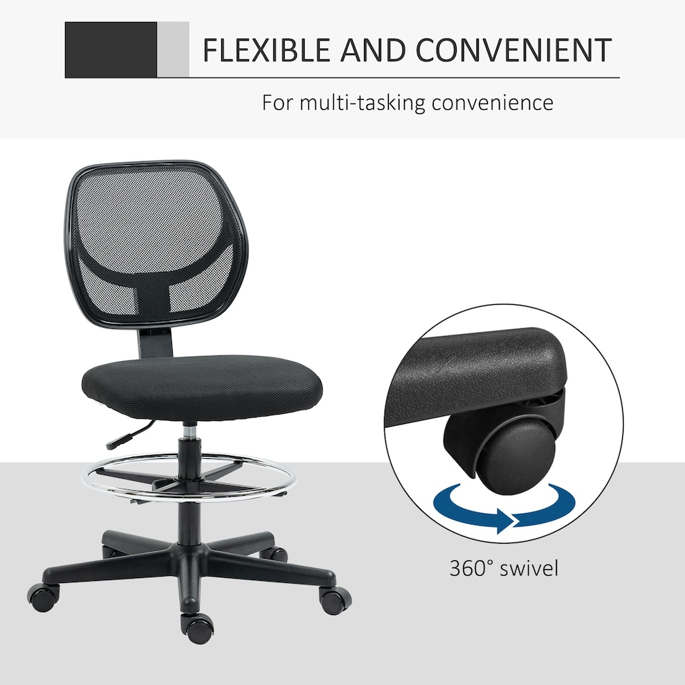 image 1 of Vinsetto Draughtsman Chair Office Chair w/ Adjustable Footrest Ring, Black