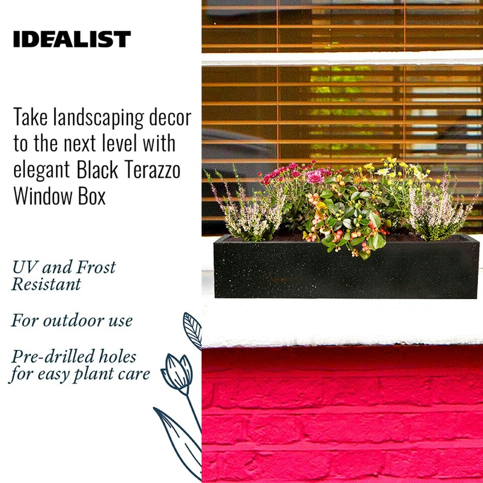 image 1 of Window Box Light Concrete Black Terazzo Garden Planter L40 W17 H17.5 cm, 16 ltrs Cap.