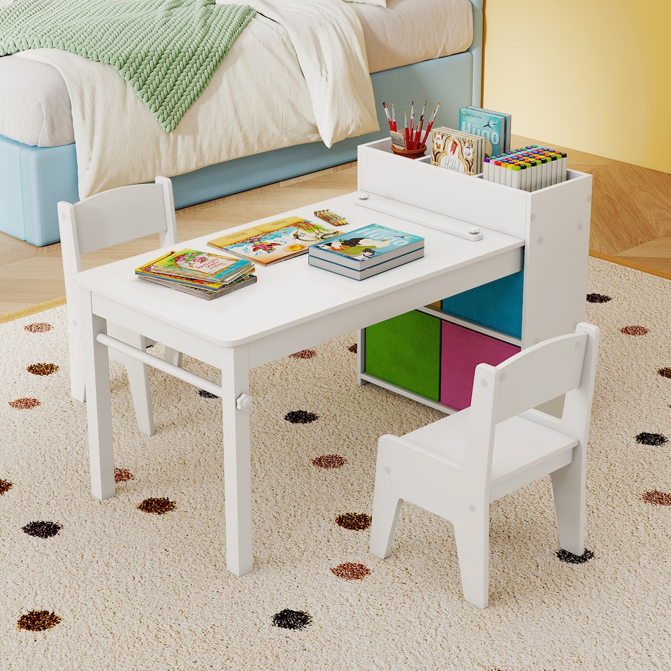 image 1 of COSTWAY Kids Art Table and Chairs Set with 2 Chairs White