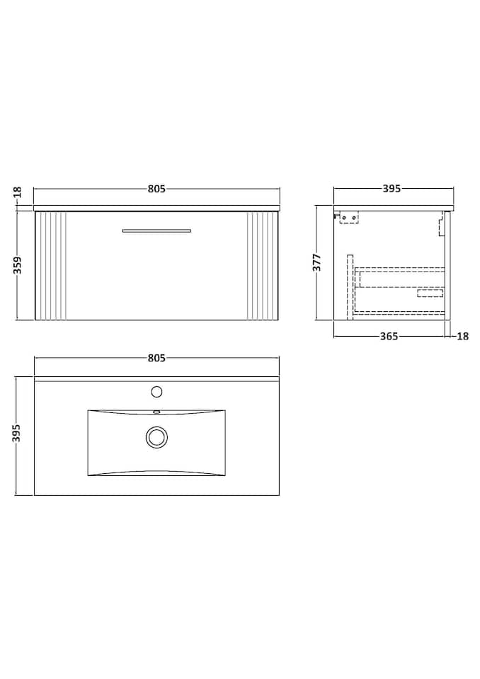 image 1 of Balterley Partial Fluted 1 Drawer Wall Hung Vanity Unit with 1 Tap Hole Minimalist Basin | White | Satin White