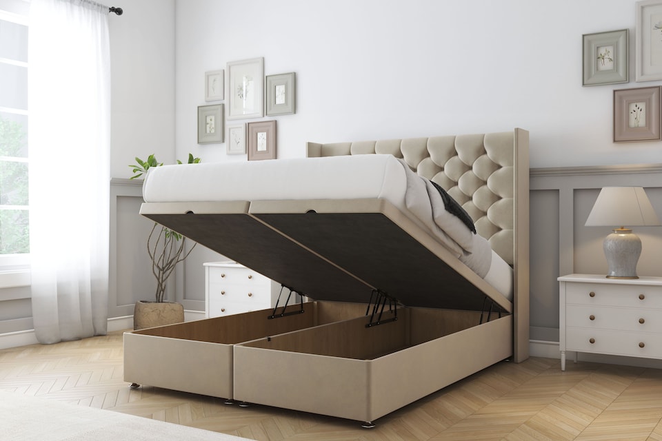 image 1 of Sloomy Dior Almond Coniston Ottoman Bed With Mattress With 54" Wingback Headboard 4' Small Double