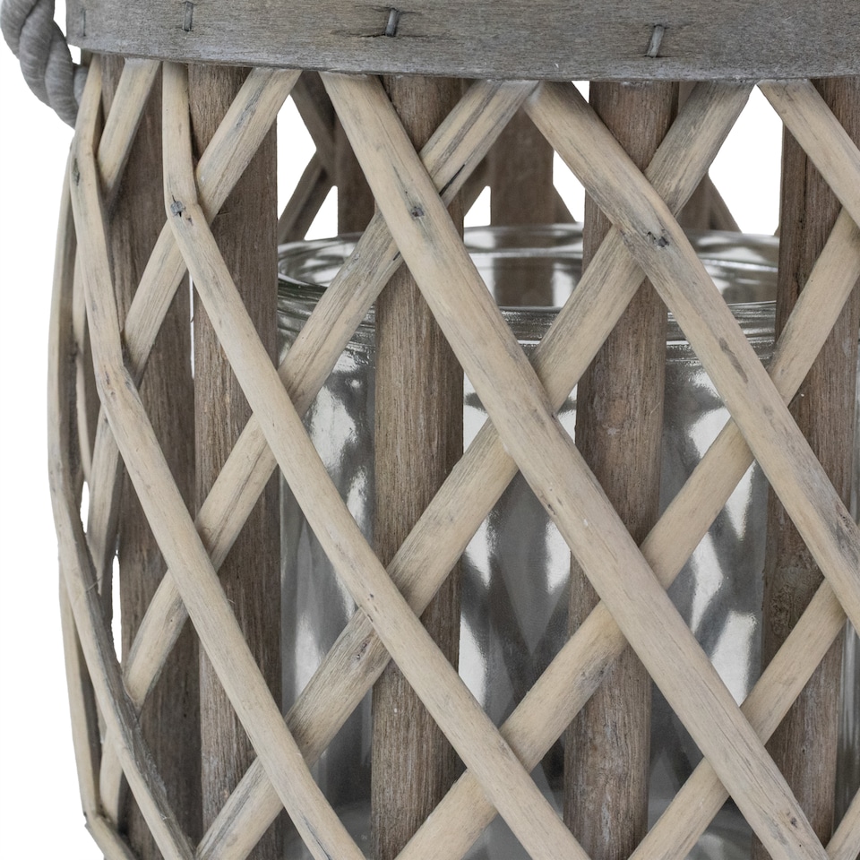 image 1 of JVL Luna Natural Willow Wood Lantern With Braided Rope Handle, Grey Wash