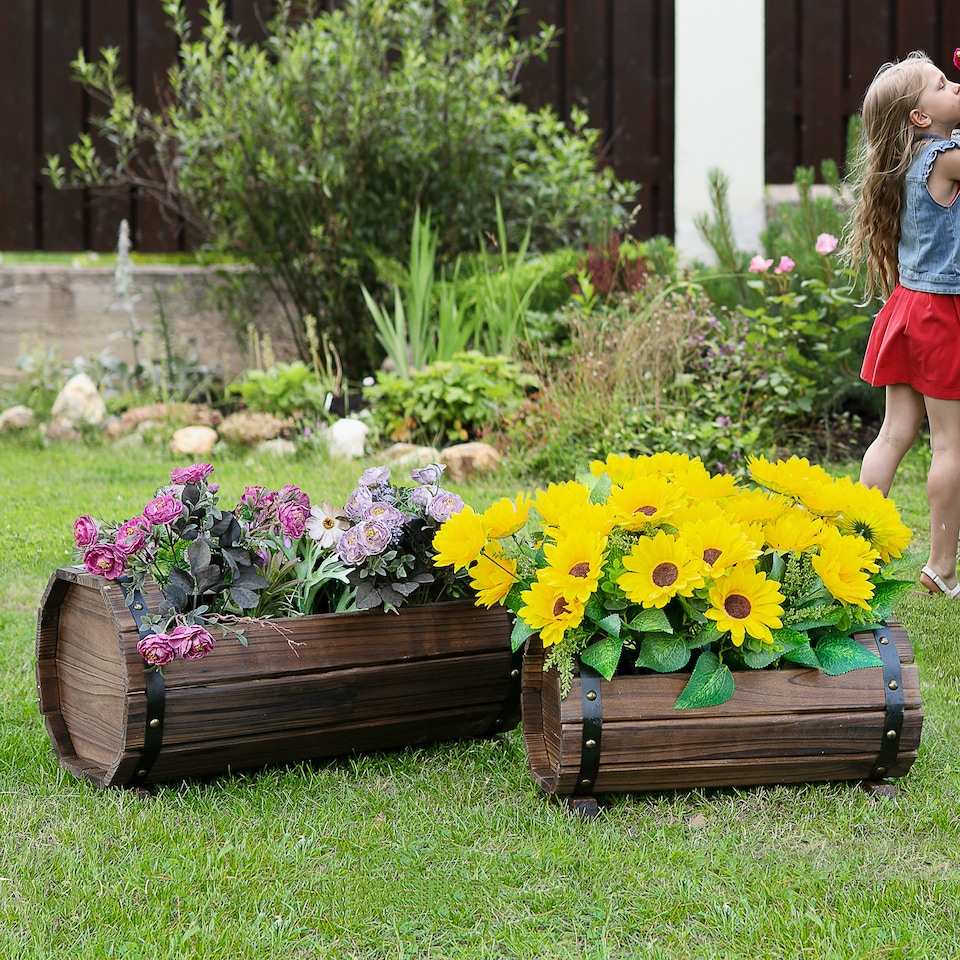 image 1 of Outsunny 2PCs Wooden Flower Plant Pot Outdoor Plant Box with Solid Wood | Brown | Brown