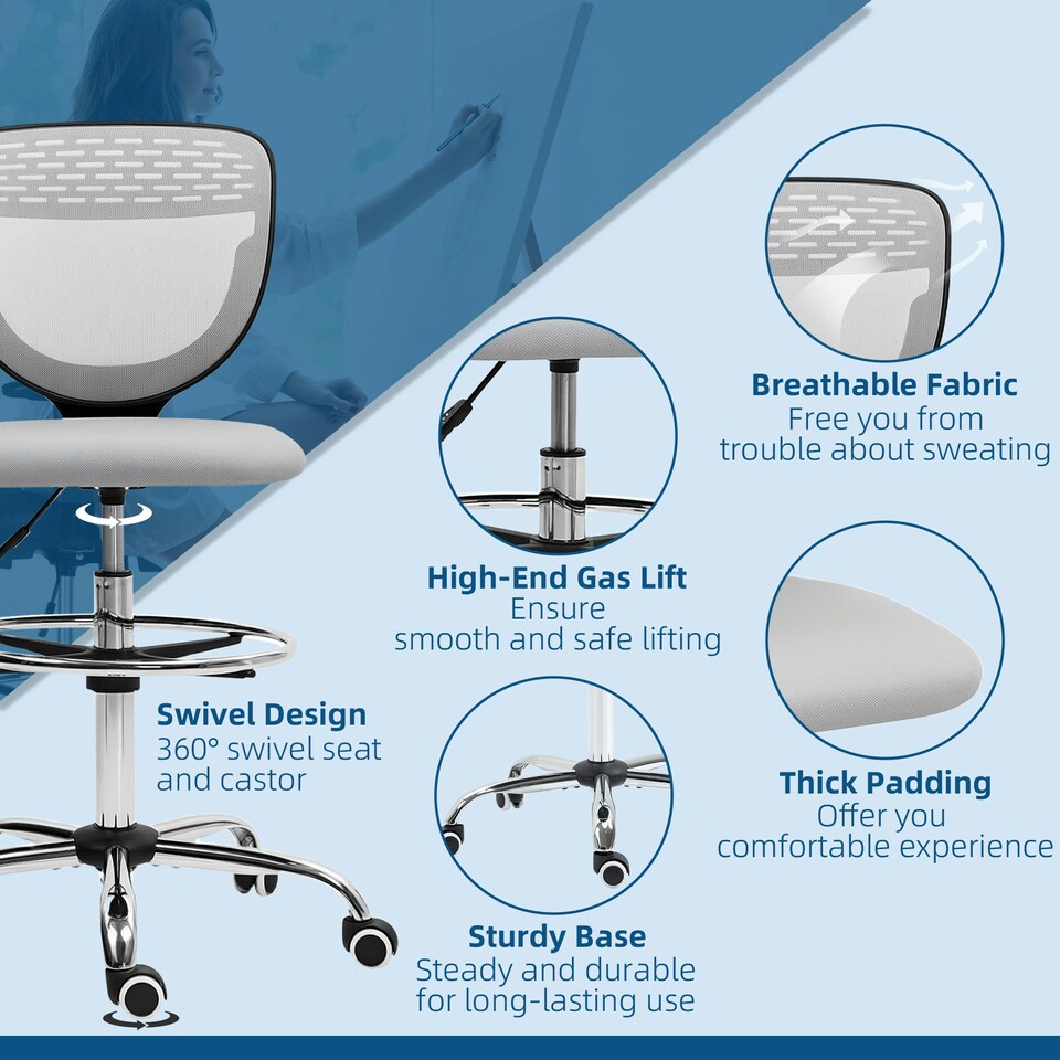 image 1 of Vinsetto Draughtsman Chair, Office Chair with Wheels, Light Grey