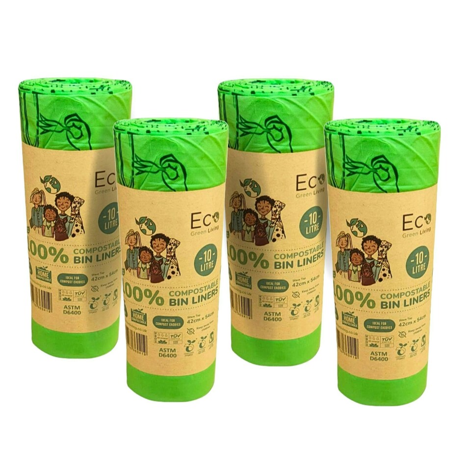 image 1 of Eco Green Living Plastic Free Bin Liners, Designed to Break Down Naturally Leakproof, Strong Food Waste Bin Bags 10 Liters 18 Bags 4 Pack